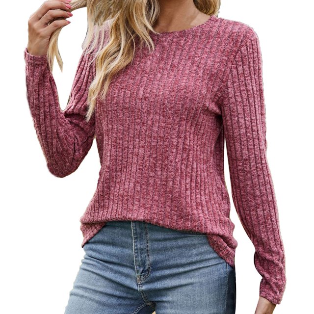PEZHADA Chandails pour Femmes en Liquidation, Chandails à Enfiler pour Femmes Col Rond Rayé Mat Chandail Uni T-shirt à Manches Longues Chandails Haut Bordeaux