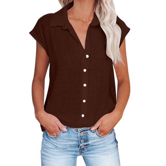 Timegard Hauts Grande Taille pour Femmes Coton Lin Manches Courtes Col en V Boutonné Blouse Décontractée