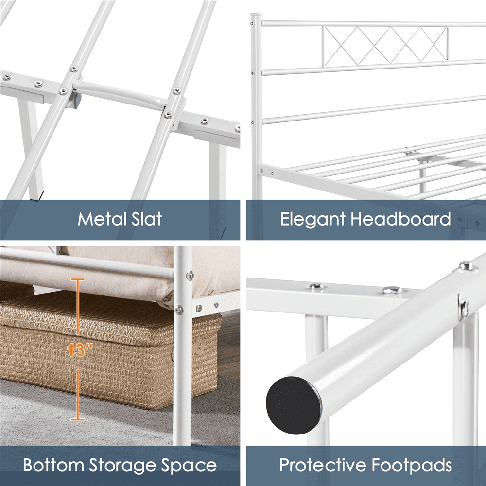 FullFurnique Cadre de Lit Plateforme en Métal Simple avec Tête et Pied de Lit, Double, Blanc