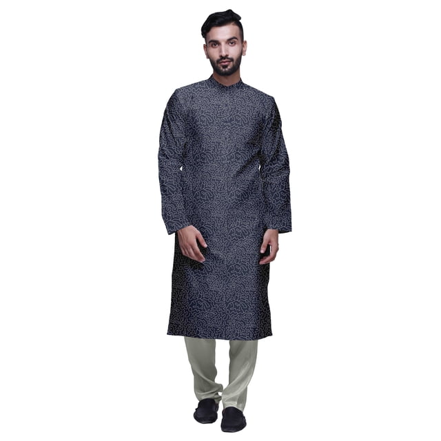 Atasi Mandarin Collar Printed Satin Slub Traditional Kurta Set For Men