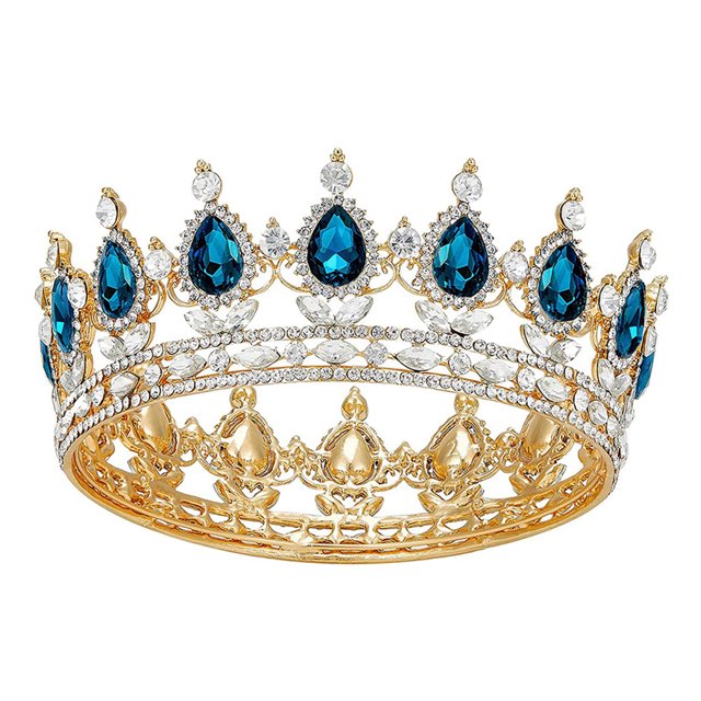 ZheElen Alloy Durable And Non-deforming Rhinestone For Wedding Or Cosplay Family Wedding Hair Crown Gold + lake blue 1Set