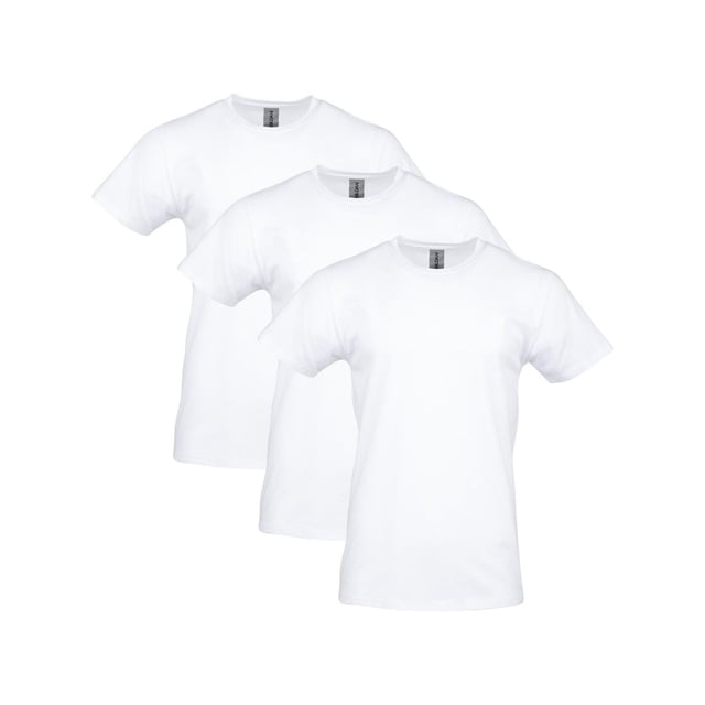 Gildan Craft T-Shirts 3PK BAG with three white short sleeve t-shirts featuring classic rib collar, seamless double needle collar, taped neck and shoulders for durability, made of pre-shrunk 100% cotton, ideal for screen printing, embroidery, heat transfer, and tie-dye.
