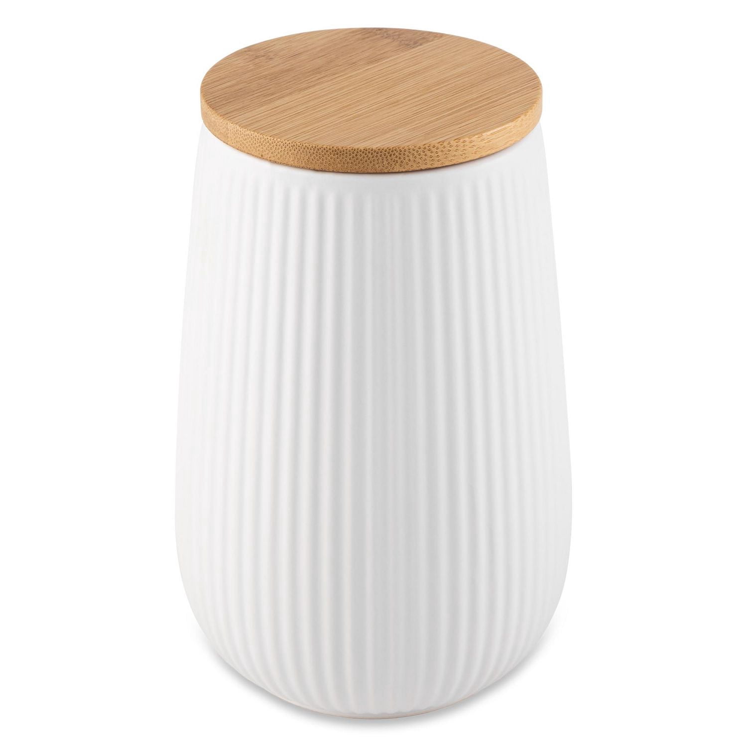 Thyme & Table, grand récipient de rangement de cuisine en céramique nervuré avec couvercle en bambou, blanc