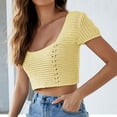 thumbnail image 2 of Square Neck Crop Tops for Women Short Sleeve Crochet Knit Going out Tops Basic Slim Cropped T Shirts, 2 of 4