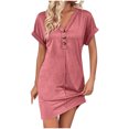 thumbnail image 1 of Robe Femme Été Décontractée Manches Retroussables Robe T-Shirt Couleur Unie Mini-Robe à Col en V, 1 of 8