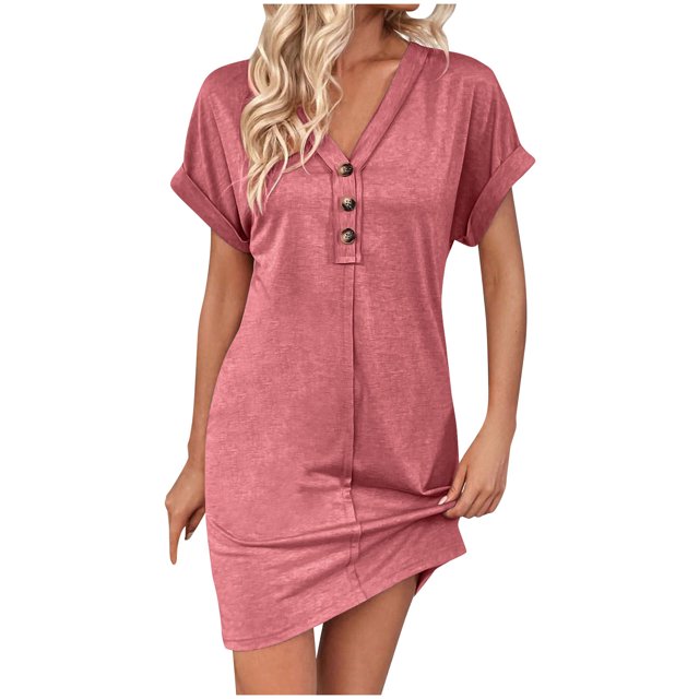 Robe Femme Été Décontractée Manches Retroussables Robe T-Shirt Couleur Unie Mini-Robe à Col en V