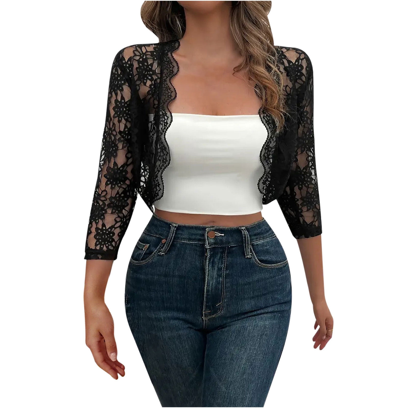 Floral Lace Bolero Shrug Women - 3/4 Sleeve Cropped Sheer Cover Up