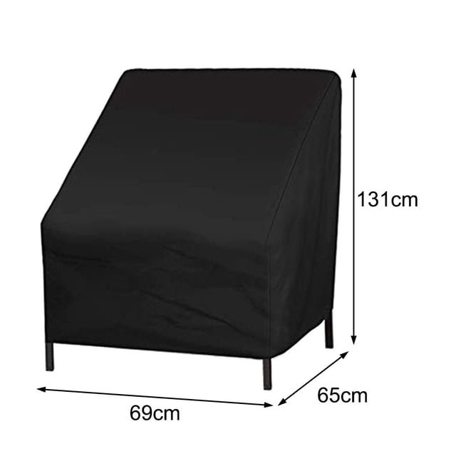 Bgsha 210D Oxford Cloth Garden Chair Cover in black, designed for outdoor use. This waterproof and UV-protective cover measures 69cm in width, 65cm in depth, and 131cm in height. Made from durable Oxford cloth, it offers tear resistance and cold-weather protection, ensuring your garden chair stays safe from rain, frost, and snow. The cover is easy to install and remove, making it a practical choice for patio furniture protection.