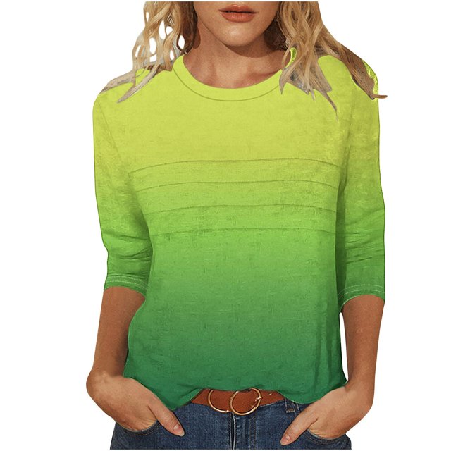 Olyvenn T-Shirts Décontractés pour Femmes à Manches 3/4, Col Rond, Jolies Tuniques, Hauts à Manches Longues, Confort, Légers, T-Shirts à Imprimé Dégradé, Vert, TG