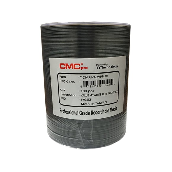 CMC Pro Taiyo Yuden Valueline 16X 4.7GB White Inkjet Hub Printable DVD-R 100-Disc Tape Wrap
