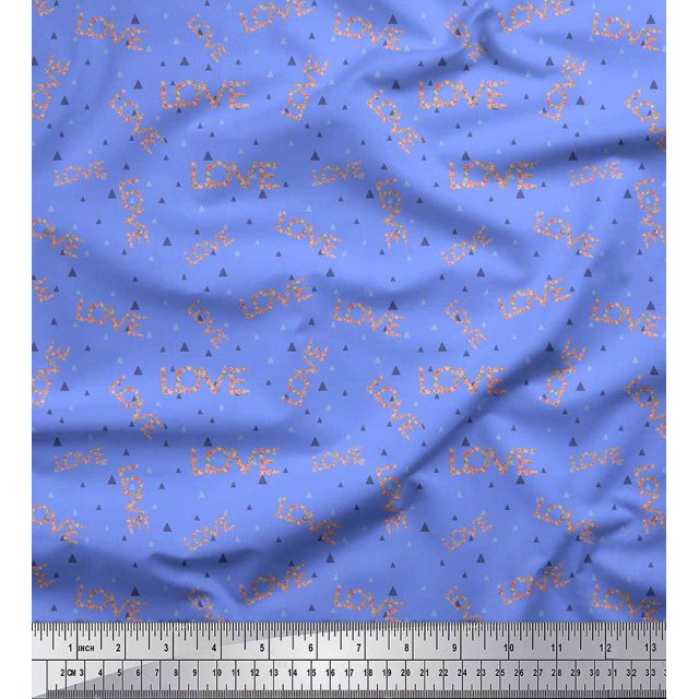 Soimoi Blue Rayon Crepe Fabric Triangle & Floral Love Text Print Sewing Fabric Yard 46 Inch Wide