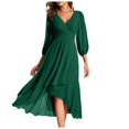 thumbnail image 1 of Robes Grande Taille en Chiffon Col en V Manches Longues Plissées Ligne A Longueur Midi Robe d'Été Verte TG, 1 of 5