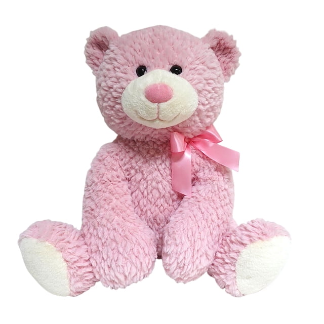 Kid Connection Pink Cuddly Bear With Bow Plush Stuffed Animal 18” showing a seated pink teddy bear with curly soft fabric, cream-colored muzzle and paw pads, black eyes, pink nose, and a pink satin bow tied around its neck, suitable for cuddling and often used as a comforting toy for children.