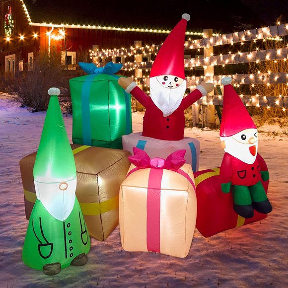 Nifti Nest Gnomes de 4,9 Pi de Hauteur et Cadeaux de Noël, Grandes Lumières DEL Intégrées pour l'Extérieur, Pompons de Noël