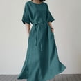 thumbnail image 2 of QIPOPIQ Robes pour Femmes avec Poches Manches Courtes Robes Décontractées Col Rond Robe d'Été Unie Manches Mi-Longues Robe Fendue avec Ceinture Offres 2023, 2 of 6