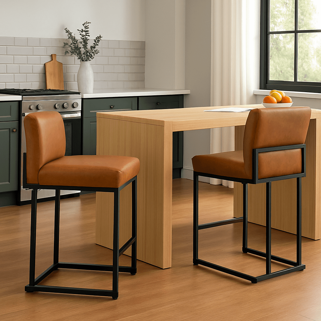 24" Bar Stools Set of 2, Counter Height Bar Stools with Back, Modern Industrial Style PU Leather Barstools for Kitchen Island