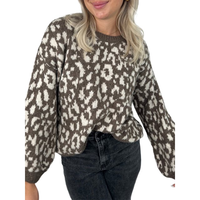 Honganda Chandail Ample d'Automne pour Femmes Motif Léopard Manches Longues Tricoté