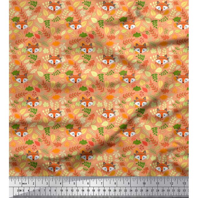 Soimoi Polyester Crepe Fabric Leaves & Fox Face Cartoon Decor Fabric Printed Yard 42 Inch Wide