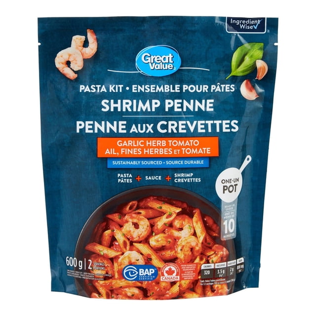 Great Value Garlic Herb Tomato Shrimp Penne Pasta Kit in a blue pouch featuring cooked shrimp and penne pasta in tomato herb sauce, sustainably sourced and ready in under 10 minutes, 600 g package with bilingual English and French text.