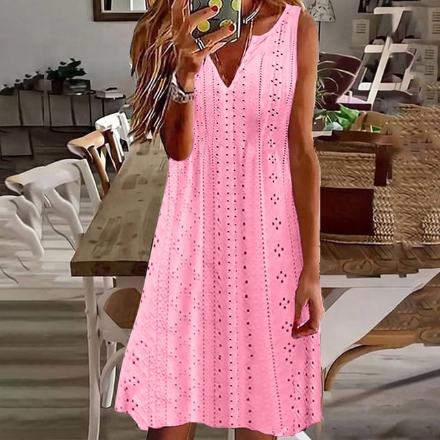 Gspmoly Robes Décontractées pour Femmes, Mode Femmes Été Décontracté Uni Col en V Sans Manches Robe Mini Robes de Vacances pour Femmes Articles en Liquidation