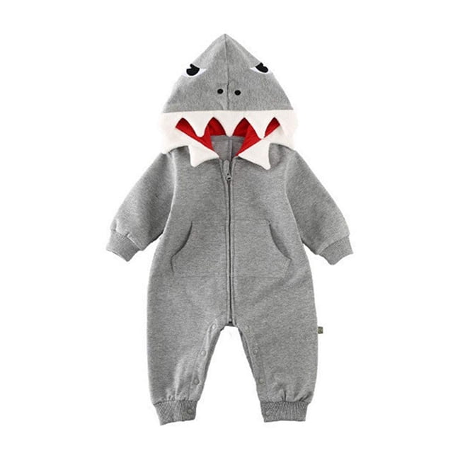 Fortune Barboteuse à Capuchon pour Bébé Garçon avec Requin, Manches Longues, Fermeture Éclair, Justaucorps, 0-24 m
