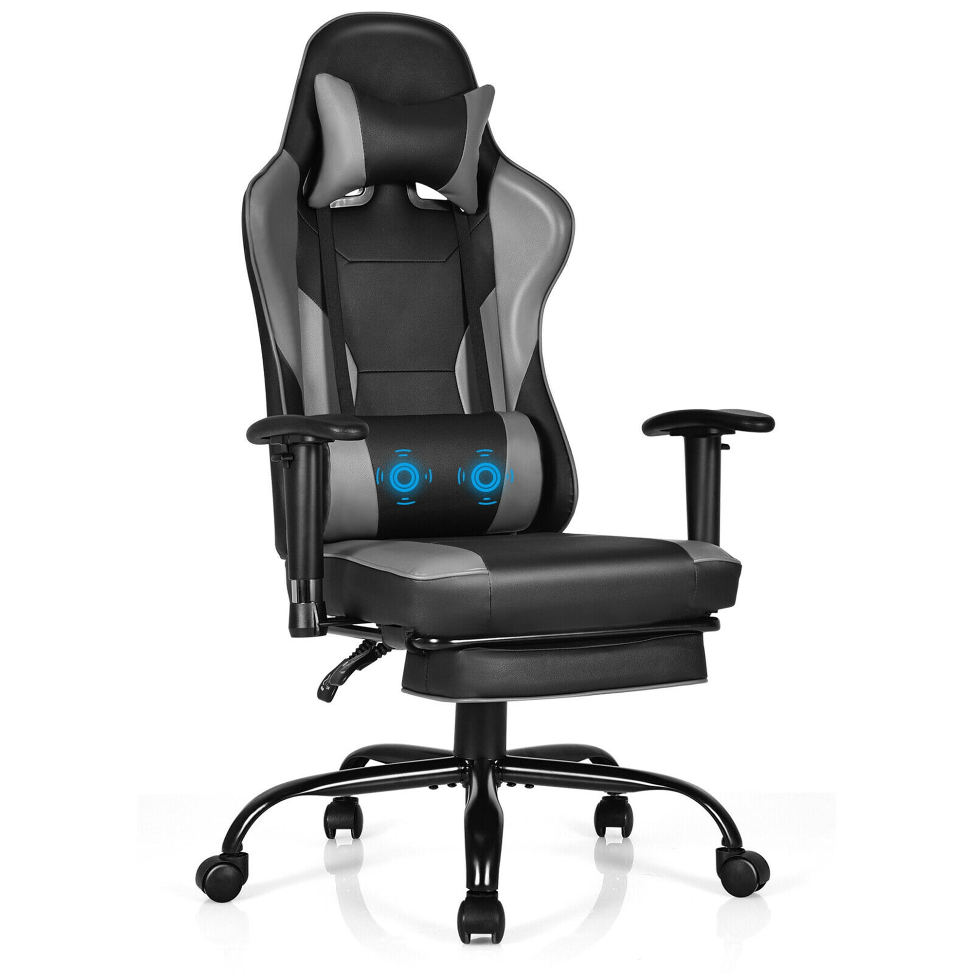 Gymax Chaise de Jeu de Massage Chaise de Course pour Ordinateur Chaise de Travail Inclinable avec Repose-Pieds Gris