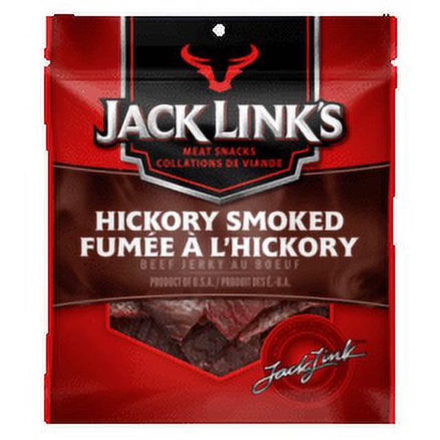 JACK LINK'S SMOKED HICKORY BEEF JERKY 80G resealable red and black bag with Jack Link's bull logo, labeled hickory smoked beef jerky in English and French, showing dark smoked beef jerky pieces through a clear window, a high-protein snack ideal for on-the-go energy.
