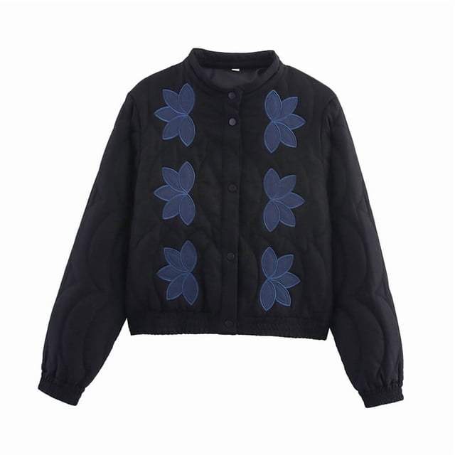 Female Floral Embroidered Cropped Quilted Jacket Winter Warm Button Down Puffer Jacket Coat with Pockets Black XL