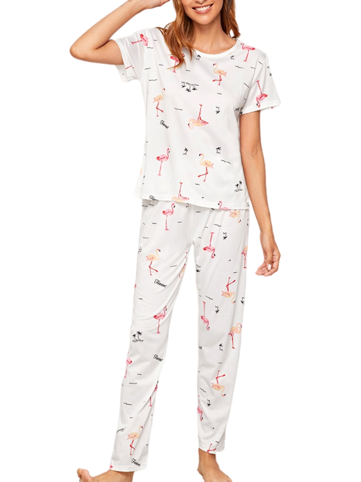 Innerwin Pajamas Set Plaid Printed Ladies Sleepwear Home Color Block Basic Nightwear Flamingo M
