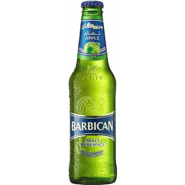 Barbican Apple Drink 330ML two 6-pack units (12 bottles, 330ML each) showing clear glass bottles with green apple labels and screw caps, amber malt liquid visible; non-alcoholic malt beverage in apple flavor produced and bottled in the United Arab Emirates, often used as a mixer for non-alcoholic cocktails.