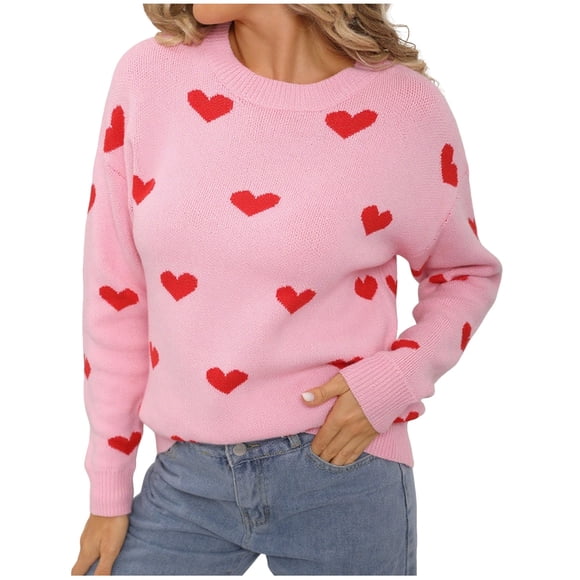 BLVB Women's Cute Heart Sweater Love Print Valentine Knitted Top Casual Crewneck Long Sleeve Sweaters Pullover Tops