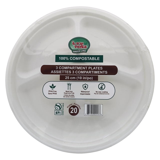 Verka Greenline 3 Compartment Plates, 10 inches, 20 piece pack showing a round, white compostable plate made from sugarcane pulp with three compartments, PFAS free, waterproof, and no wax coating, suitable for eco-friendly disposable tableware and organized food serving.