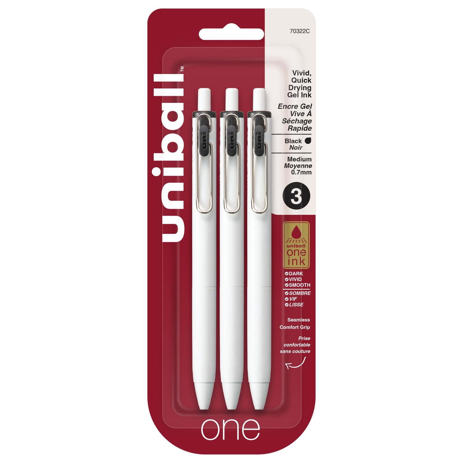 uni® one Stylos gel rétractables, pointe moyenne (0,7 mm), encre bleue, paquet de 3