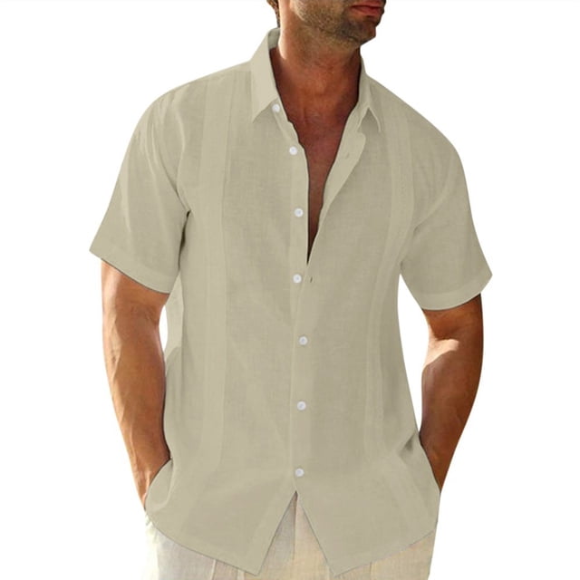 Wweixi Men's Button Down Shirt Boys Summer Pool Party Beach Walking Solid Color Simple Design Tops Daily Working Clothes Khaki L