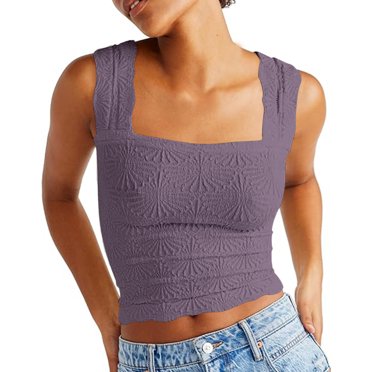 Meichang Camisole à Encolure Carrée pour Femmes Coupe Ajustée, Crop Top à Nombril Exposé, Camisole Courte Unie, Bretelles Larges, Chandails Sans Manches, Débardeurs de Yoga, d'Entraînement Athlétique