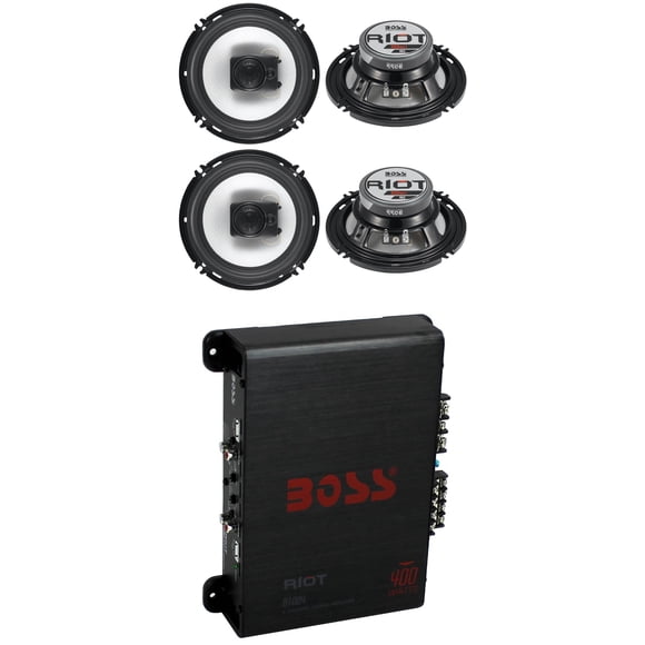 (4) Boss R63 6.5" 300W 3 Way Coaxial Speakers + R1004 400W 4 Channel Amplifier