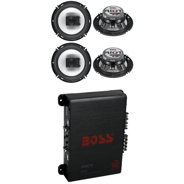 (4) Boss R63 6.5" 300W 3 Way Coaxial Speakers + R1004 400W 4 Channel Amplifier