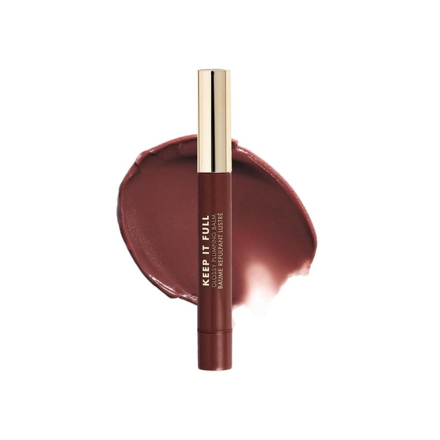 Milani Keep It Full Glossy Plumping Balm lip plumper in a deep mauve shade with a gold cap, shown upright over a smooth swatch of the balm's creamy, hydrating, glossy texture on a white background, ideal for enhancing lip volume and shine.