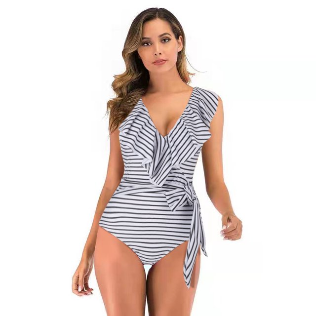 Women's Bikini Swimsuit Ruffles Two Pieces Bikini Set, Black And White Bars XL