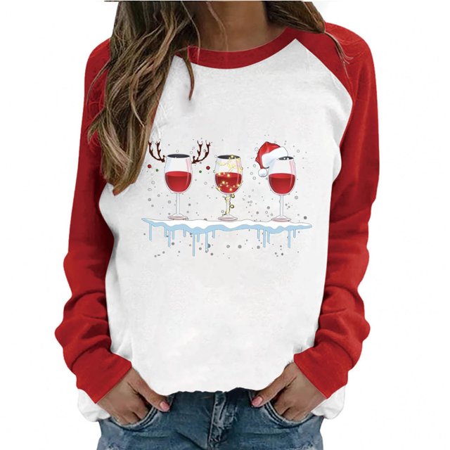 XZNGL Casual Tops for Women Womens Spring Patchwork Christmas Printed Long Sleeves Round Neck Casual Tee Tops Christmas Tops for Women Spring Tops for Women Long Sleeves for Women