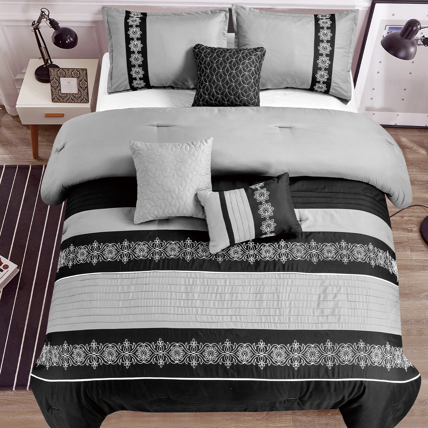 Ensemble de consolateur JML 7 pièces, conception de broderie en microfibre douce, Cal King