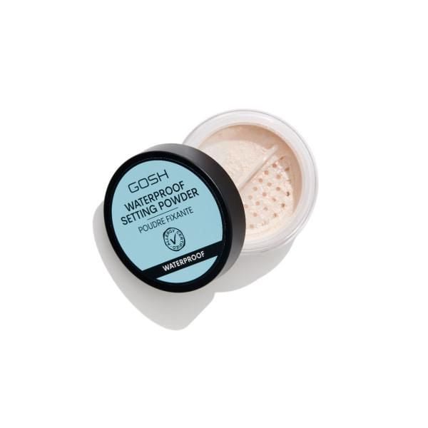 GOSH - Waterproof Setting Powder in a clear round container with a black lid and blue label, showing finely milled translucent loose powder that sets makeup with a matte finish, reduces shine, and suits all skin tones, ideal for prolonging foundation wear.