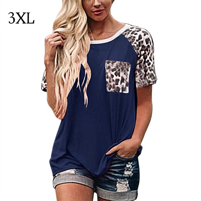 T-Shirt pour Femme à Col Rond avec Poche, Blouse Imprimée, Haut Décontracté Ample pour Fille, Haut à Manches Courtes, Bleu Foncé, 3TG