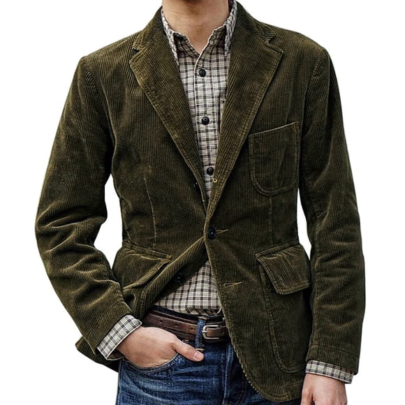 Lcziwo Corduroy Dress Blazer for Men Three Buttons Slim Fit Suit Jackets Retro Lapel Single Breasted Blazers Plain Pockets Casual Sport Coats Army Green,XL