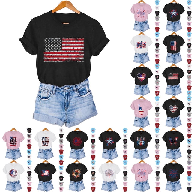 VKOYWKM T-Shirts du 4 Juillet pour Femmes Fête de l'Indépendance T-Shirts Graphiques Drapeau Américain Manches Courtes Col Rond Patriotiques T-Shirts du 4 Juillet