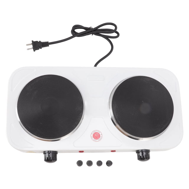 Electric Countertop Stove, 2000W double portable electric hot plate stove with dual heating plates, compact design, and durable white iron body. Features two black coil heating plates, control knobs for temperature adjustment, and a US plug cord. Ideal for kitchens, dormitories, and offices. Includes silicone pads and an English manual.