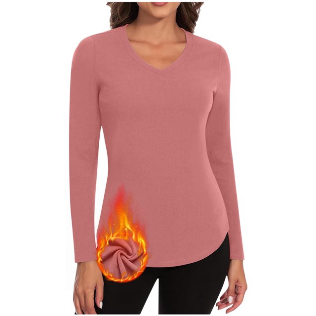 Timegard Womens Tops Fleece Lined Comfy Skinny Tops V Neck Thermal Underwear Fall Winter Solid Color