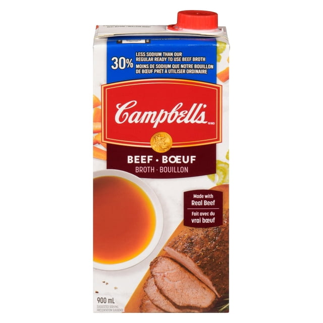 Campbell's® Ready to Use 30% Less Sodium Beef Broth carton with resealable red cap, featuring a red and blue label, a bowl of beef broth, and sliced cooked beef on a wooden board, 900 mL shelf-stable broth made with real beef, gluten free and fat free, suitable for soups and stews.