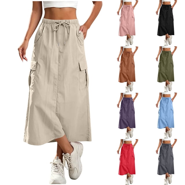 Sentmoon Long Skirts for Women High Waist Midi Skirts Soft and Comfortable Solid Color with Pockets Regular Fit Athletic Skorts for Women for Work and Office S-2XL