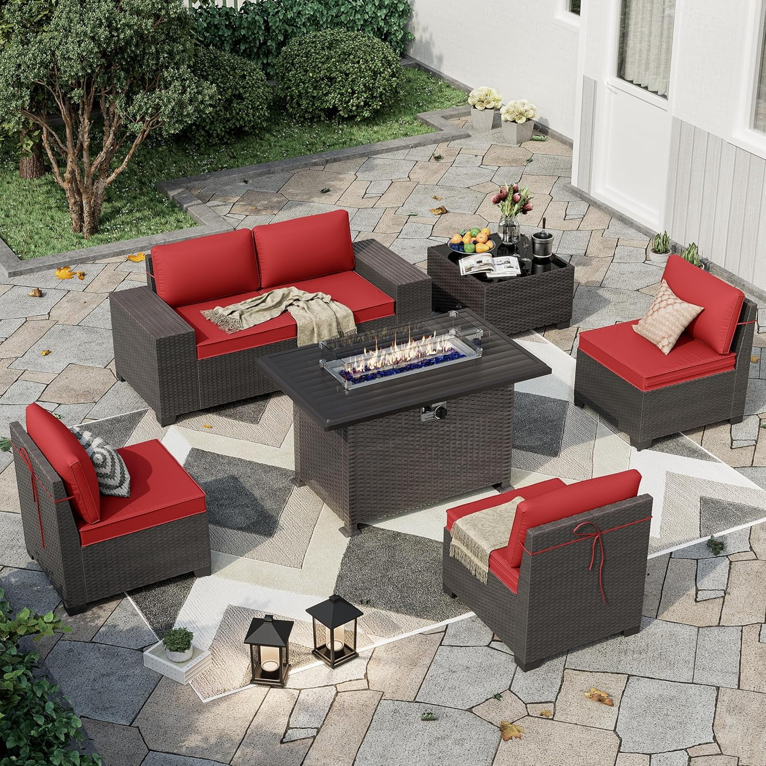 Kullavik Patio Furniture Sectional Sofa Set 7-Pieces PE Rattan Patio Conversation Set w/43in Gas Fire Pit Table, Outdoor Furniture with 55000 BTU Propane Fire Pit, Red